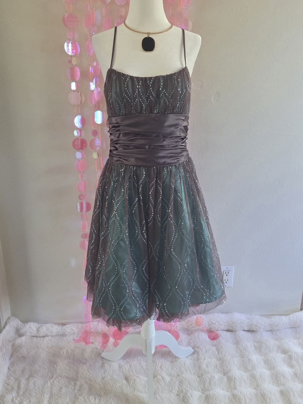 Morgan & Co. Teal and Brown Sparkly Spaghetti-Strap Prom Dress
